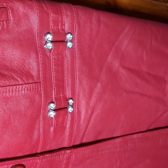 ELENA by FERME* red leather trench button front 2pkt white accent stitching sz M - Picture 9 of 17